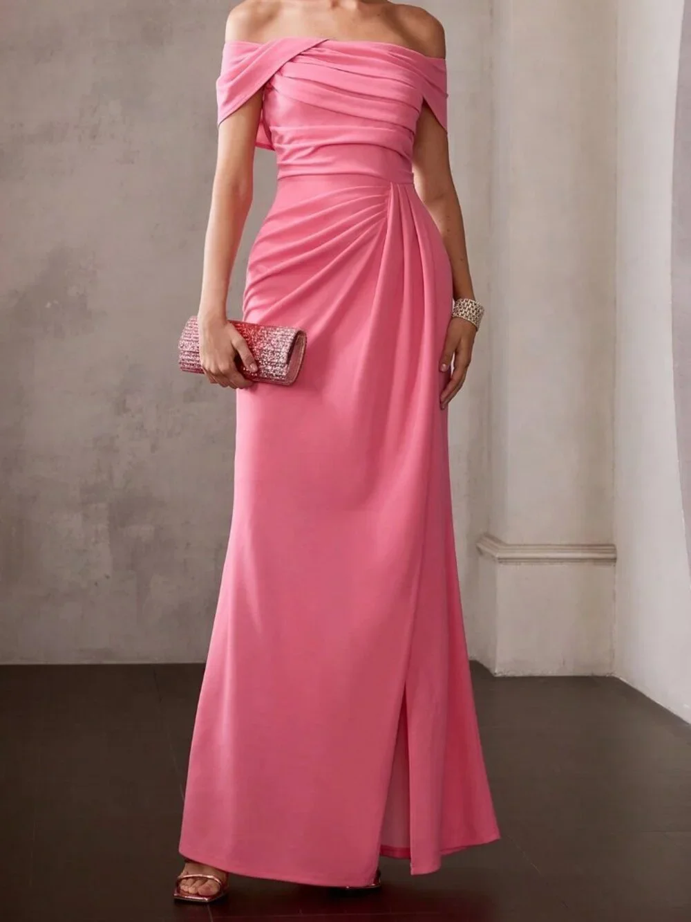 Hot Pink Elegant Women's Ruched Off-Shoulder Long Dress - Picture 3 of 6